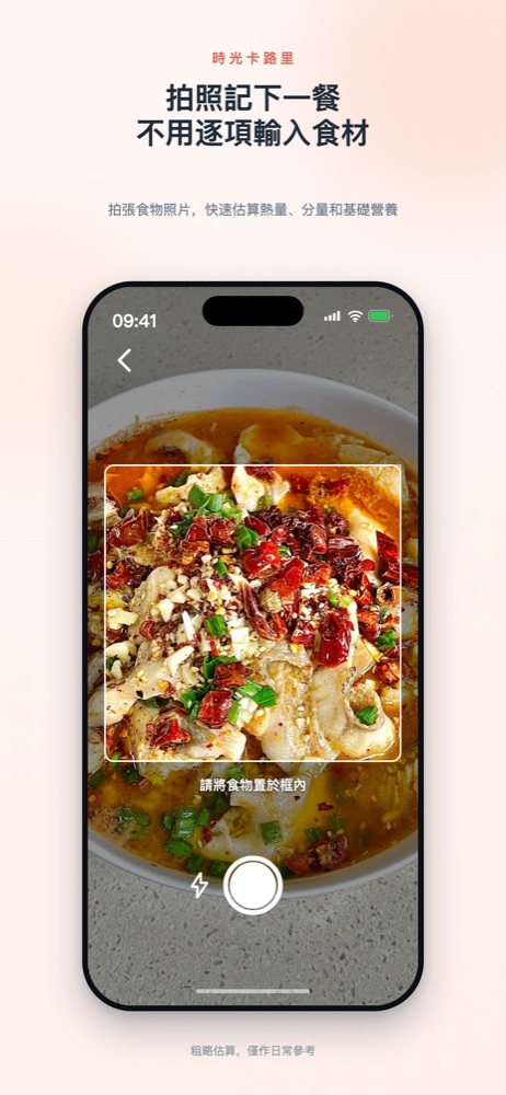 拍照记餐界面：相机取景框对准一碗水煮鱼