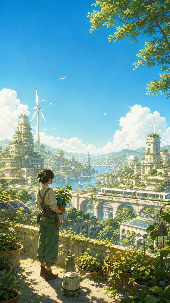 动漫风景壁纸:绿意盎然的海湾城市与风车